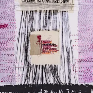 Cercant respostes, acrílic sobre tela amb fils i brodats, 50x50 cm