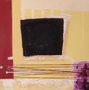 Quadrat negre i fils vermells, mixta sobre tela, 40x40 cm