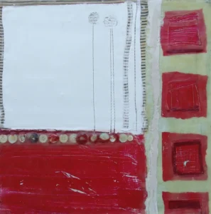 4 Fistres a la façana de botons, Encàustica sobre fusta, 40x40 cm