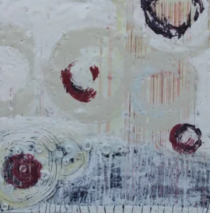 Fil, rodes i botons, encàustica sobre fusta, 40x40 cm