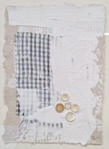 Bata blava amb 5 botons, Mixta sobre paper reciclat, 18x14 cm